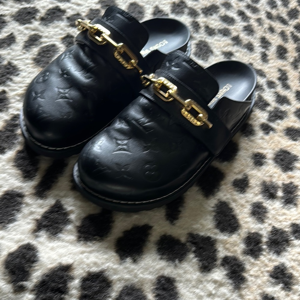 Louis Vuitton Black Mules with Gold Chain Accent - Picture 2 of 2